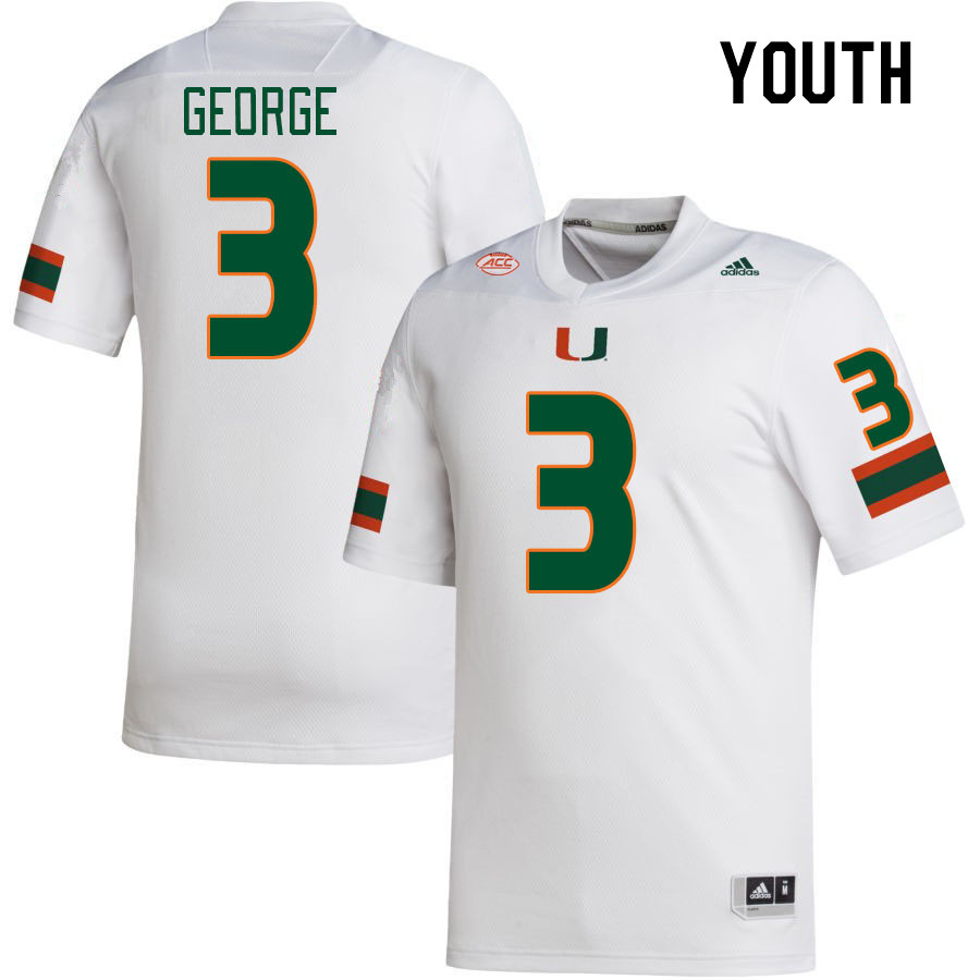 Youth #3 Jacolby George Miami Hurricanes College Football Jerseys Stitched Sale-White - Click Image to Close